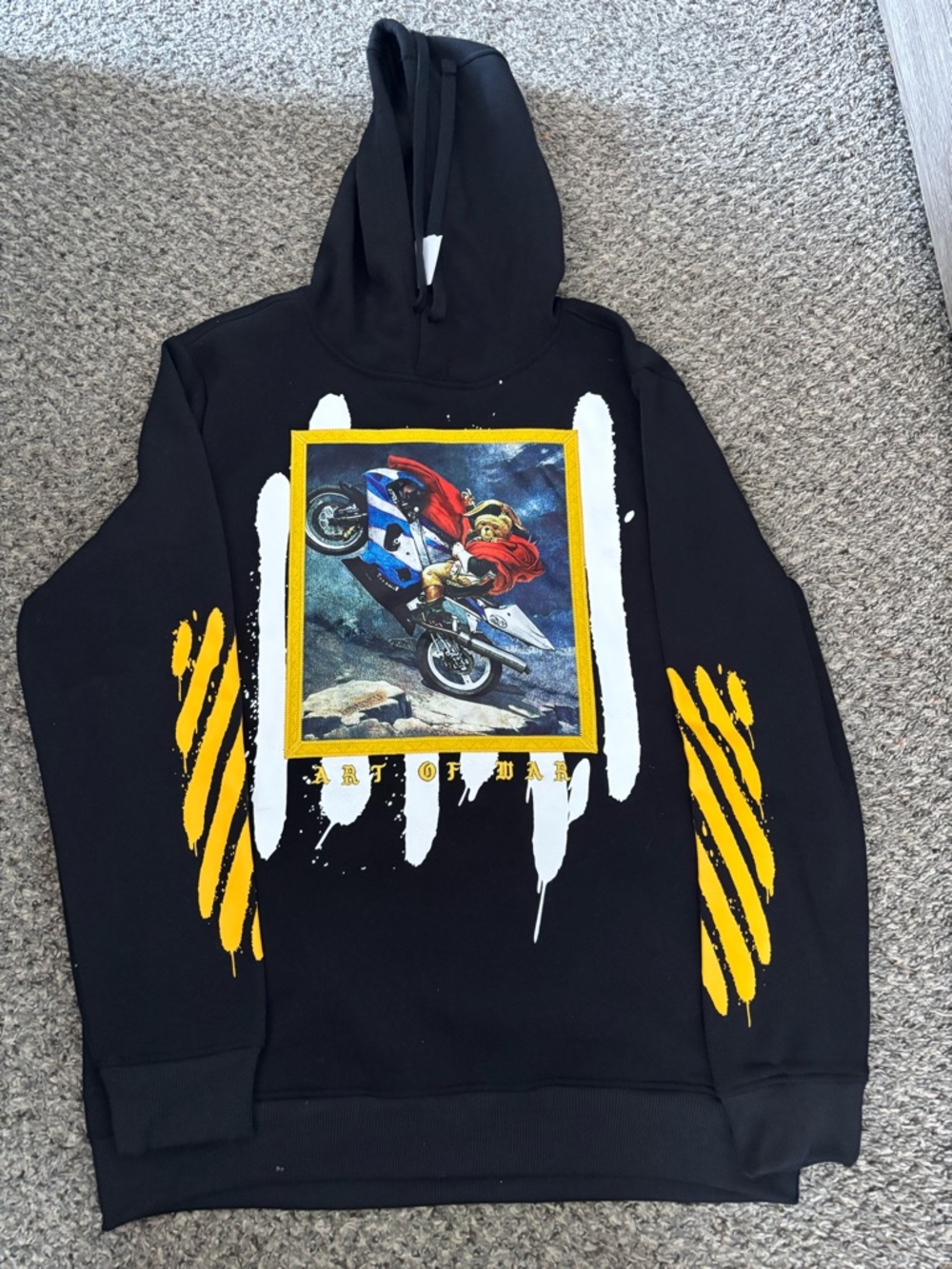 Black Graphic Hoodie with Yellow & White Motorcycle Print